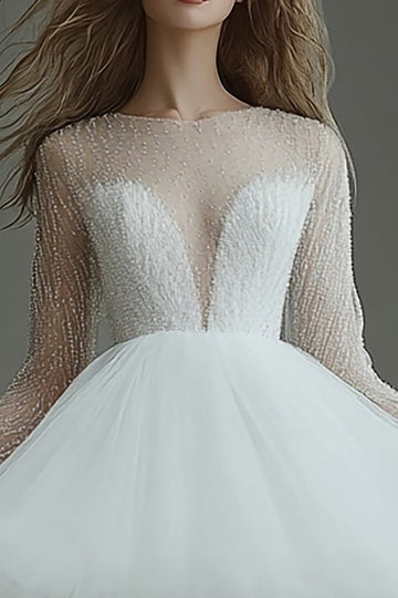 Sparkly White Illusion Neck A Line Long Sleeves Short Graduation Dress